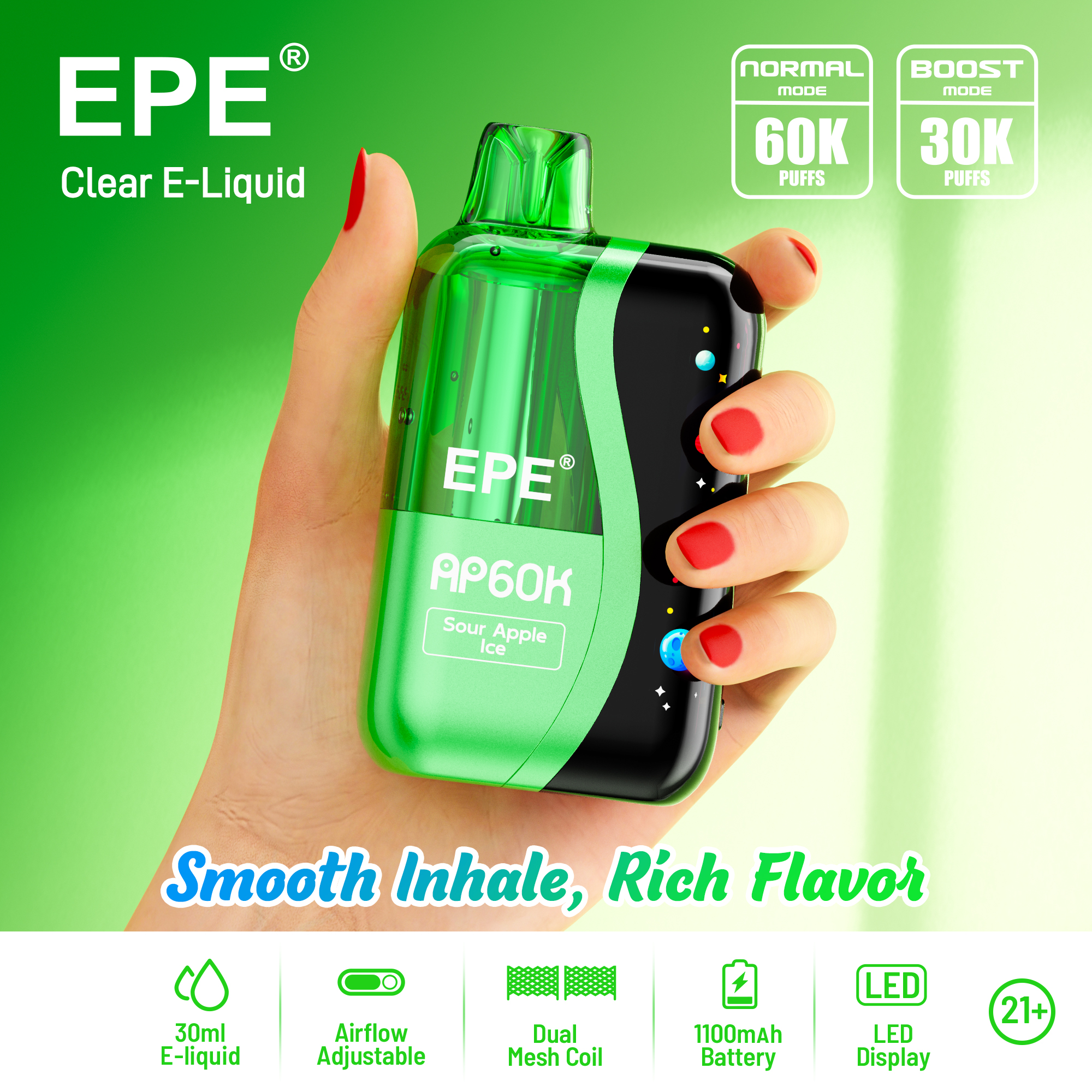EPE AP 60000 Puffs Disposable Vape – Replaceable Pod, Dual-Mode Adjustable Airflow, 12 Flavors